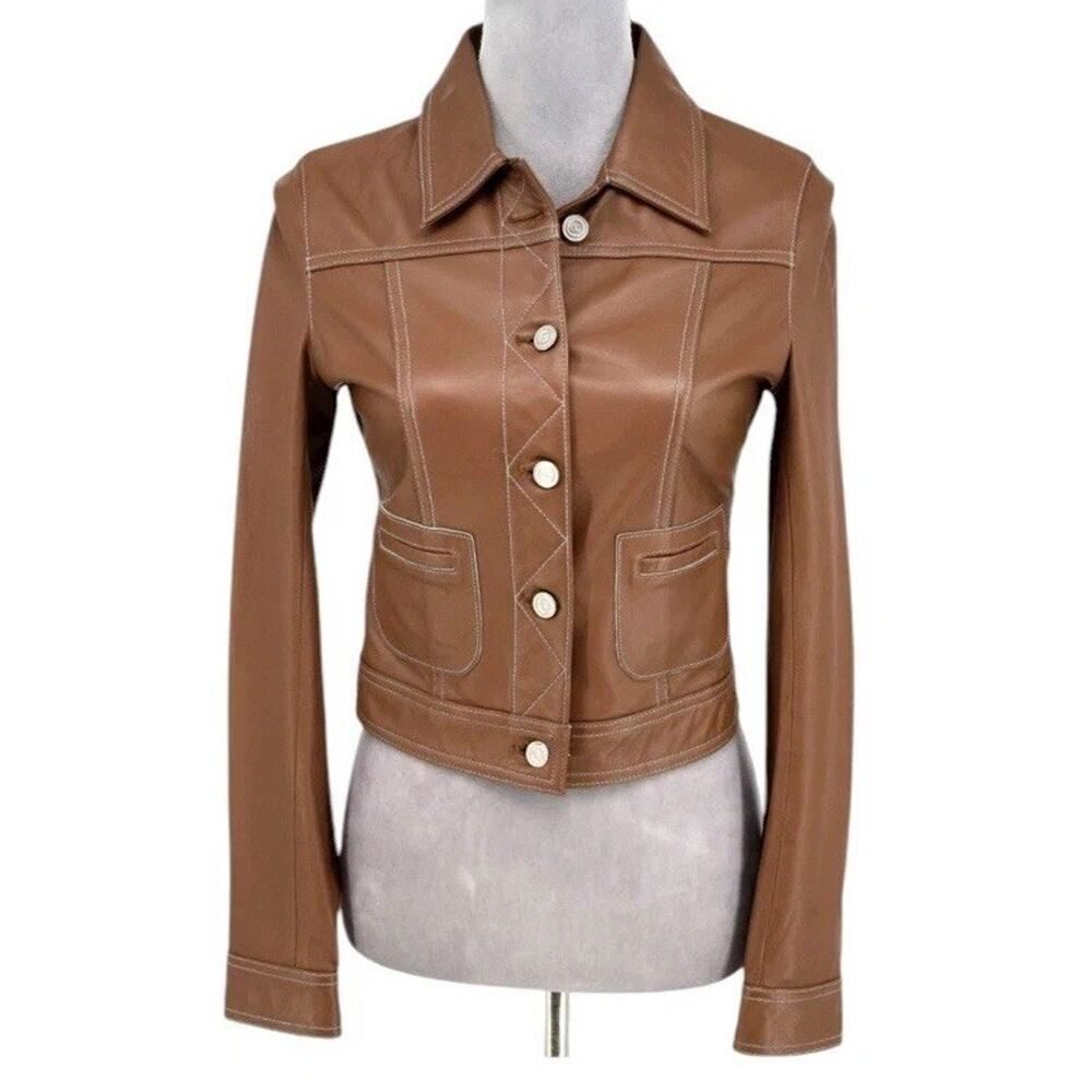 Guess Collection Leather Jacket Womens XS Brown Crop Biker Western Cowgirl